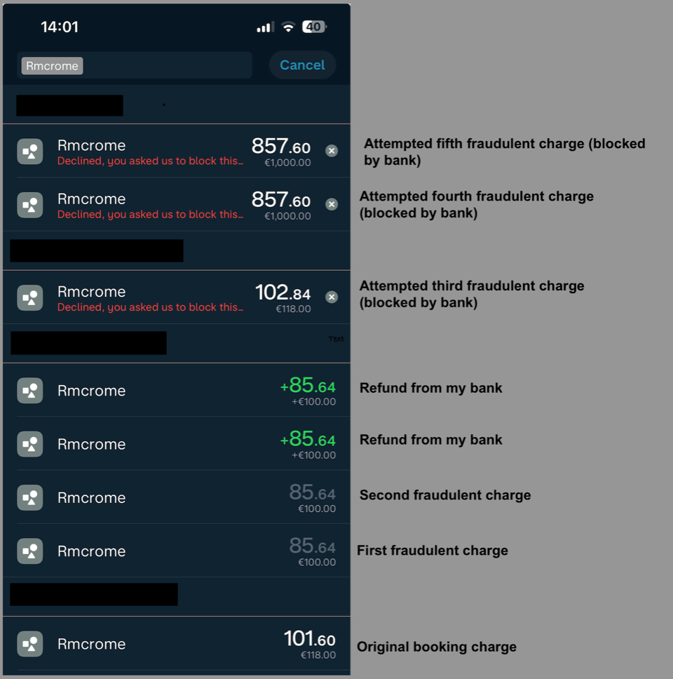 Screenshot of attempted charges and refunds